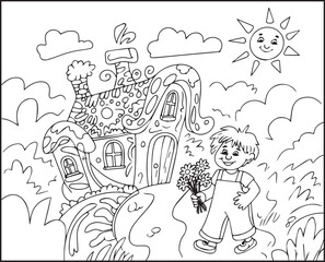 Fototapeta premium Magical dream house and a boy in front of house in nature black outline vector coloring page for kids and adults