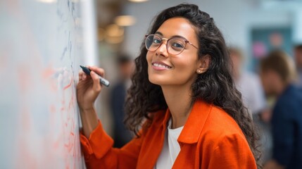 An energetic Gen Z businesswoman leads a brainstorming session, jotting notes on a whiteboard in a coral room.