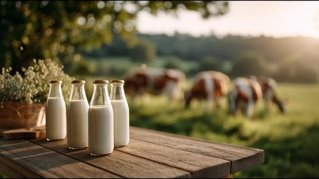 Fresh milk bottles on a rustic table with grazing cows in a serene countryside setting at sunset