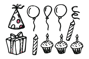Birthday party supplies: Adorable illustrations of birthday party elements, meticulously hand-drawn to evoke a sense of celebration, joy, and festive fun.