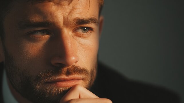 A close-up of a Gen Z businessman with a pensive look, caught in a moment of deep thought and reflection. - Powered by Adobe