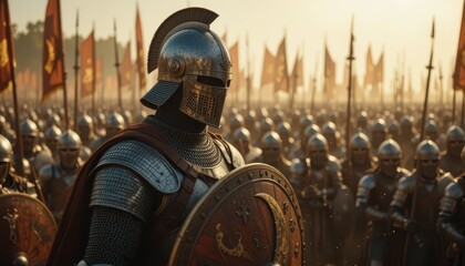 Historic Warrior in Armor with Soldiers in Background at Sunset