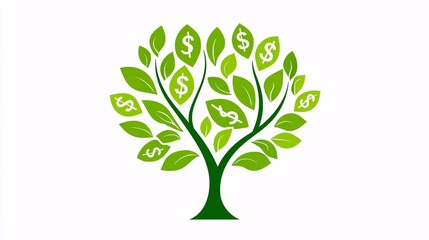 Obraz premium silhouette with vivid green dollar leaves, isolated illustration, white background, economic metaphor, scalable design for financial themes, ample blank space around finance tree growth symbol 