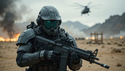 Futuristic soldier in combat gear with weapon in desert environment