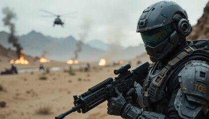 Fototapeta premium Futuristic Soldier in Desert Landscape Amidst Explosions and Conflict