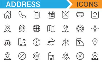 A collection of navigation and address icons for digital mapping and apps