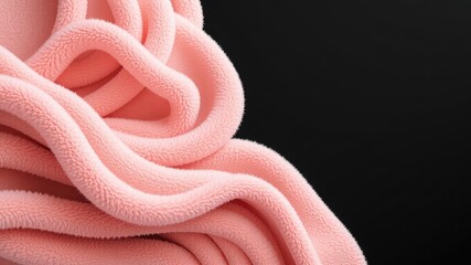 Close up of pastel pink soft fluffy fabric against dark backdrop creating textured background.