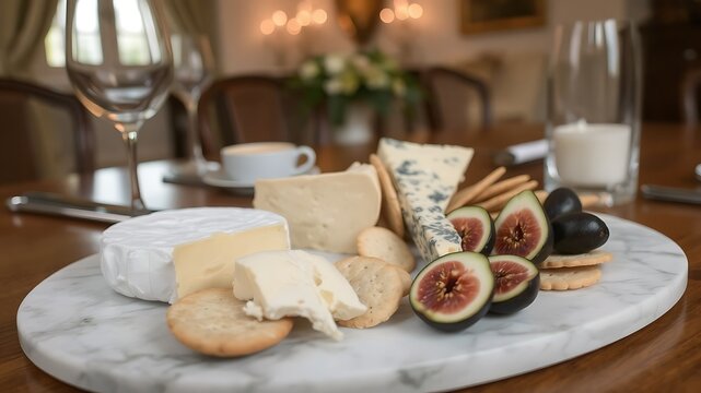 Photo of an elegant cheese board showcasing a variety of artisanal cheeses, fresh figs, olives, and crackers, perfect for sophisticated entertaining