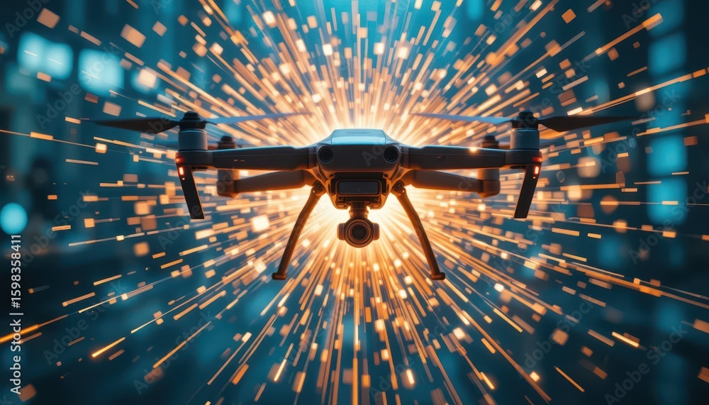 Poster drone in dynamic burst of sparks and light against dark background