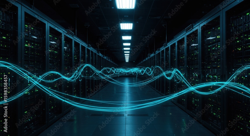 Poster illuminated server room with glowing blue data streams flowing through a futuristic digital network