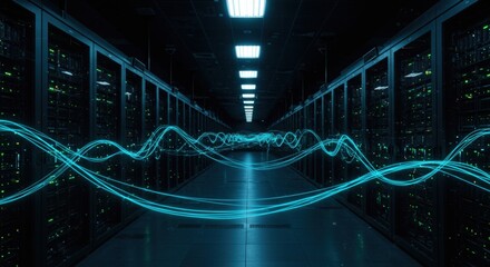 Illuminated server room with glowing blue data streams flowing through a futuristic digital network