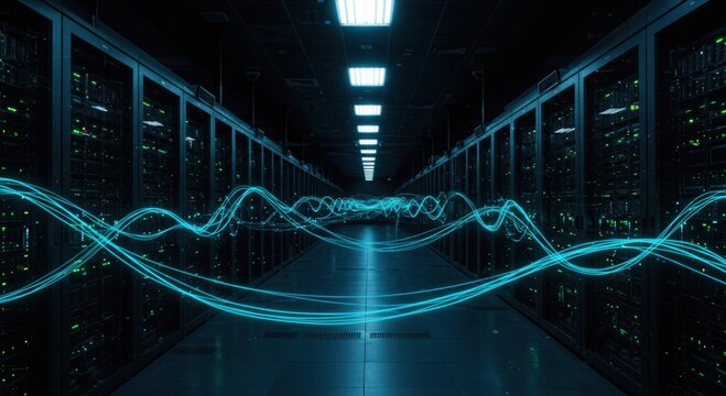 Illuminated server room with glowing blue data streams flowing through a futuristic digital network - Powered by Adobe