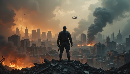 Soldier Standing on Ruins of City During Dramatic Sunset Scene
