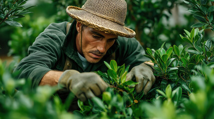 gardener in a straw hat and gloves carefully tends to lush green shrubs, embodying patience, focus, and a deep connection with nature