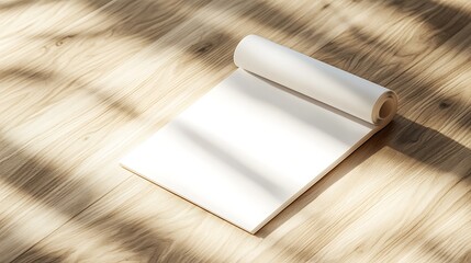 Blank white notepad with rolled top laying on light wooden table, sunlight casting shadows