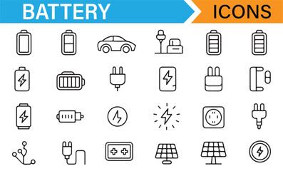 Modern set of energy-related icons for charging, batteries, and electric cars