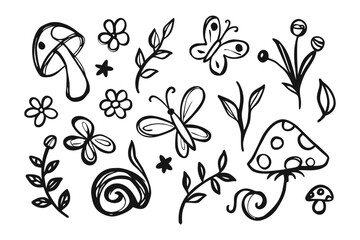 Whimsical Nature Elements: An array of charming, hand-drawn nature elements comes to life, from elegant butterflies to dainty mushrooms and lush foliage. This image radiates the allure of art.