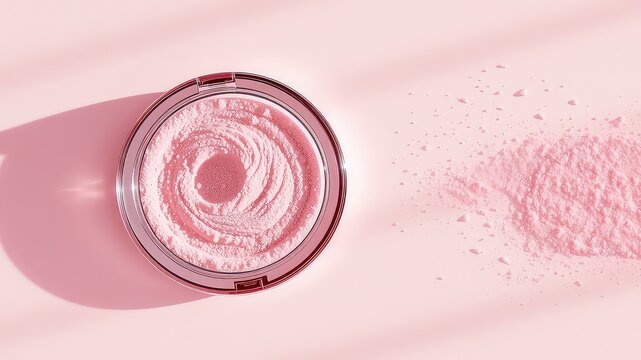 Elegant close up of face powder with shiny compact case alongside loose powder on a light pink surface