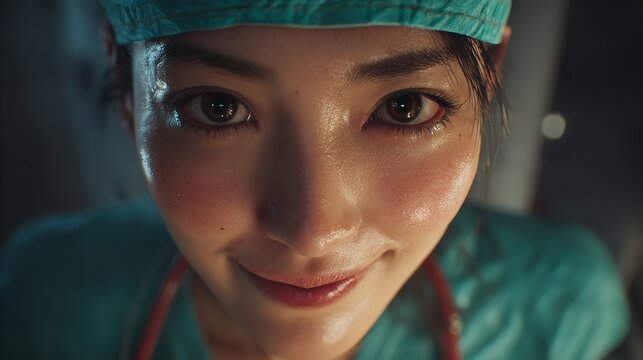 Close up portrait of asian woman surgeon doctor wearing surgical cap and scrubs in hospital operating room