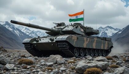 Fototapeta premium Tank on Rocky Terrain with Indian Flag and Mountains in Background