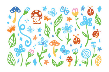 Whimsical Garden Collection: A vibrant collection of hand-drawn illustrations, including flowers, mushrooms, butterflies, and other natural elements, create a cheerful, playful garden setting. 