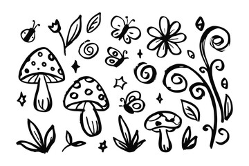 Whimsical Garden Doodle Collection: Hand-drawn doodle art captures the enchanting essence of a playful garden. Including flowers, butterflies, mushrooms.