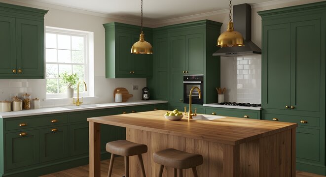 Hunter Green Kitchen with Shaker Cabinets, Butcher Block Island, and Brass Fixtures &ndash; Modern Classic Design for Warm, Inviting, and Stylish Culinary Spaces