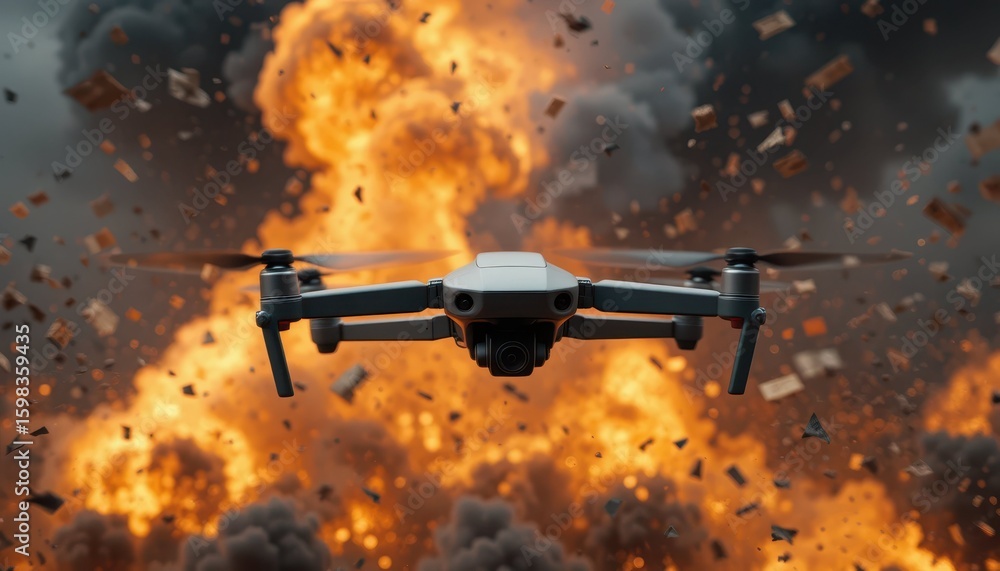 Poster drone in action over intense explosion with dramatic background