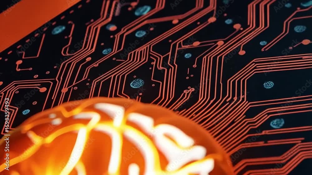 Poster human brain glowing on abstract circuit board conveys neural network.