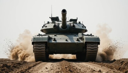 Powerful Tank Advancement on Dusty Terrain in Clear Blue Sky