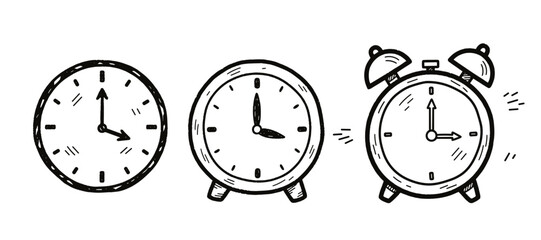 Vector illustration of clocks in chalk drawing style on transparent background  