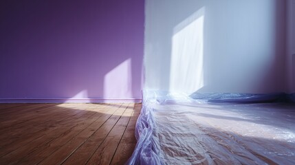Sunlit room with gradient transition of purple to white walls, featuring polished wooden floor and protective covering.
