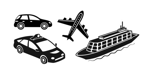 Set of black transportation vehicle silhouettes, including car, bus, tram, train, trolley, ship, and airplane, minimal vector icon collection on white background.