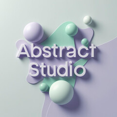 Composition featuring spheres and pastel shapes with the words abstract studio in white lettering displayed