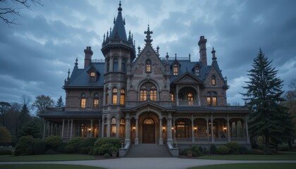 Obraz premium Majestic Victorian Mansion at Dusk with Elegant Architecture and Gardens
