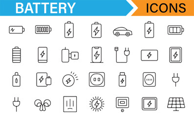 Collection of electric vehicle and battery-related vector icons for technology
