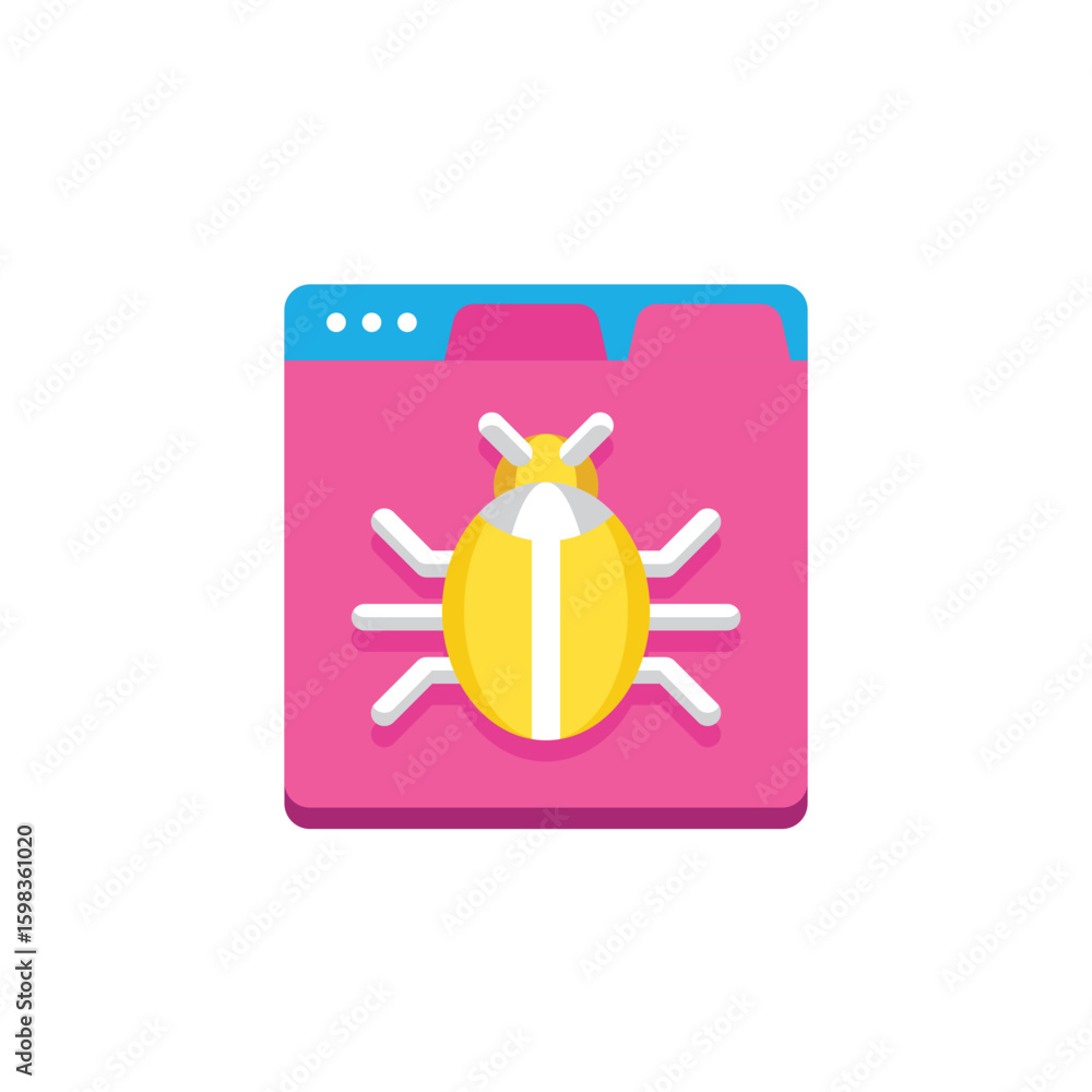Poster computer bug icon on a pink folder representing software error or virus