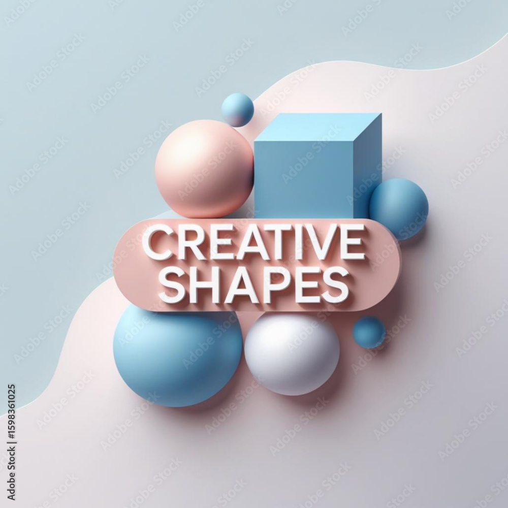 Fototapete pastel colored geometric composition featuring spheres, cube, and rounded rectangle with text elemen