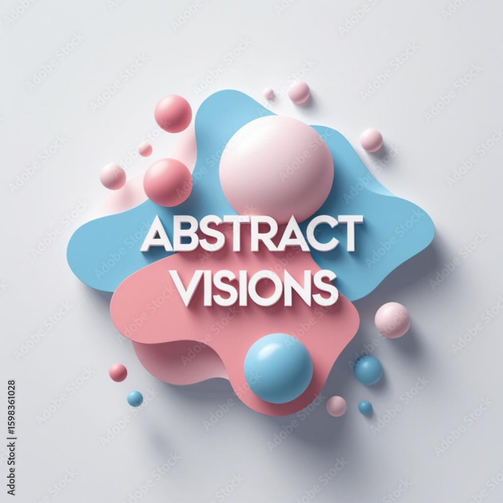 Poster pastel spheres and fluid shapes with text overlay creating modern design elements on a light surface