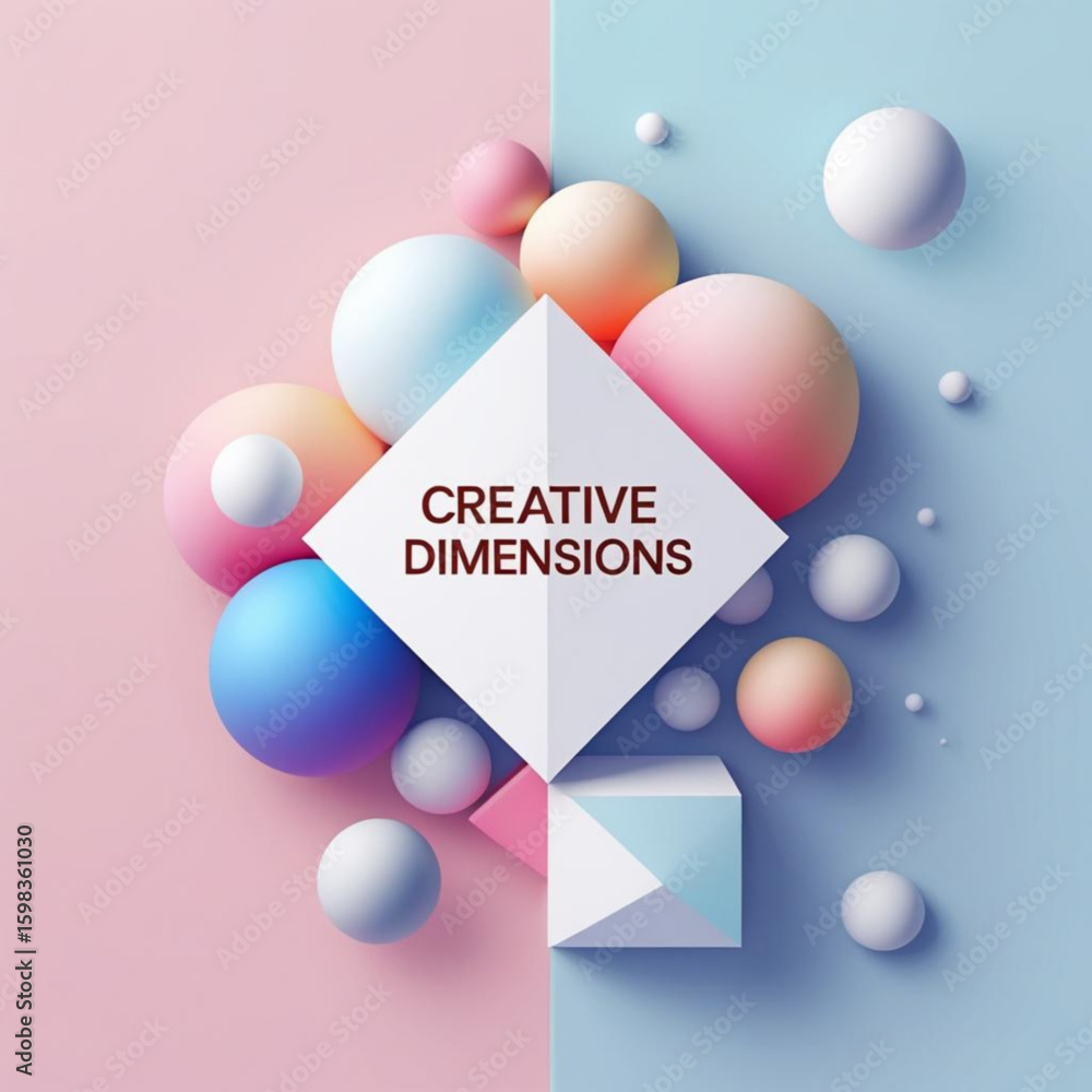 Poster pastel spheres and geometric shapes on split toned surface create a modern abstract composition desi