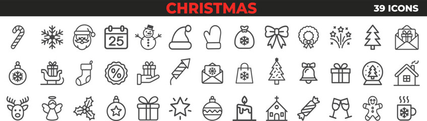 Minimal Christmas Icon Set – 39 Festive Holiday Line Icons