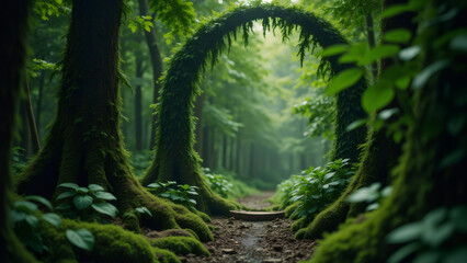 Fototapeta premium Mystical Forest Archway: Lush Mossy Trees & Path in Enchanted Woods