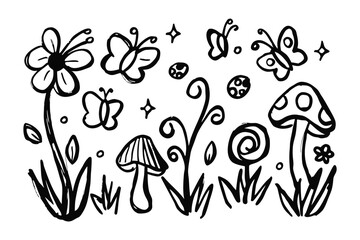 Floral Illustration: A whimsical collection of sketched flowers, butterflies, and mushrooms, capturing the delicate balance of nature with a touch of artistic charm.