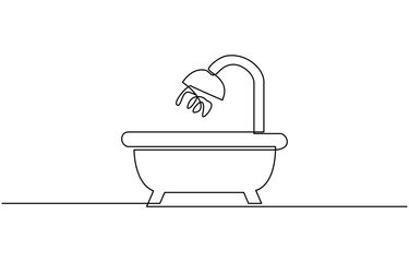 Continuous Line Drawing of Baby Bath Icon. Hand Drawn Symbol Vector Illustration, bathtub with shower,  in single line draw illustration. Editable stroke.