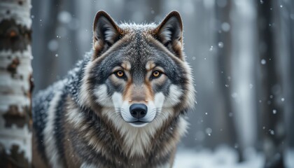 Naklejka premium Majestic Wolf Staring Intently in a Snowy Forest Environment