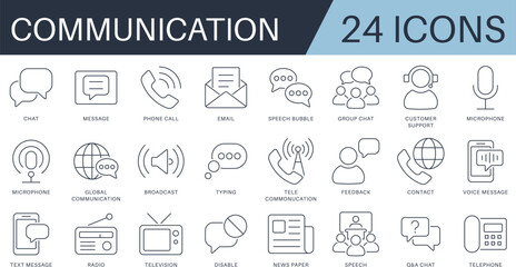 Communication icon set in minimal line style, featuring chat, call, email, support, voice message, and more. Ideal for apps, websites, presentations, interfaces, and UI UX design.