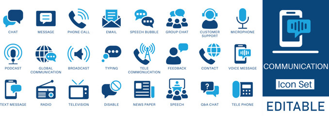 Communication icon set. Including chat, message, email, phone call, support, microphone, conversation, and more. Perfect for websites, apps, presentations, and professional communication design.
