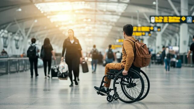 Man in Wheelchair Navigating Airport Terminal with Modern Architecture and Sunlight in Urban Setting