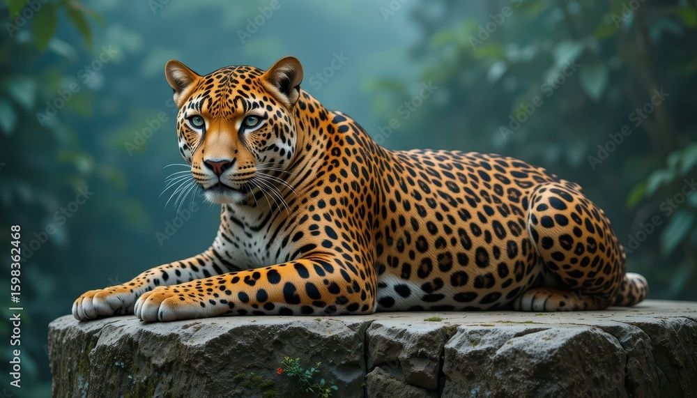 Poster majestic leopard resting on a rock in a serene jungle setting