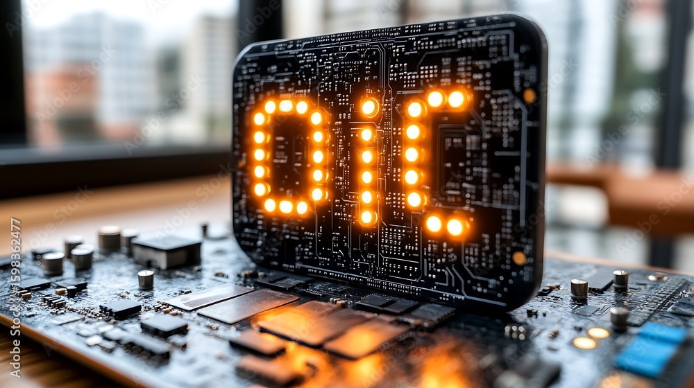 Poster illuminated circuit board displaying the number zero.